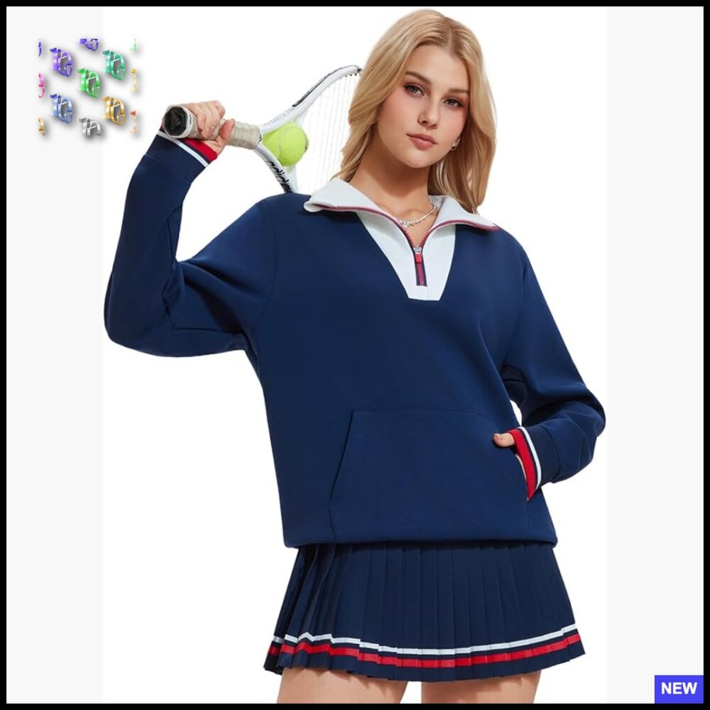 Athleisure Skirt Set Long Sleeve Half Zip Pleated Skort Pockets Preppy
